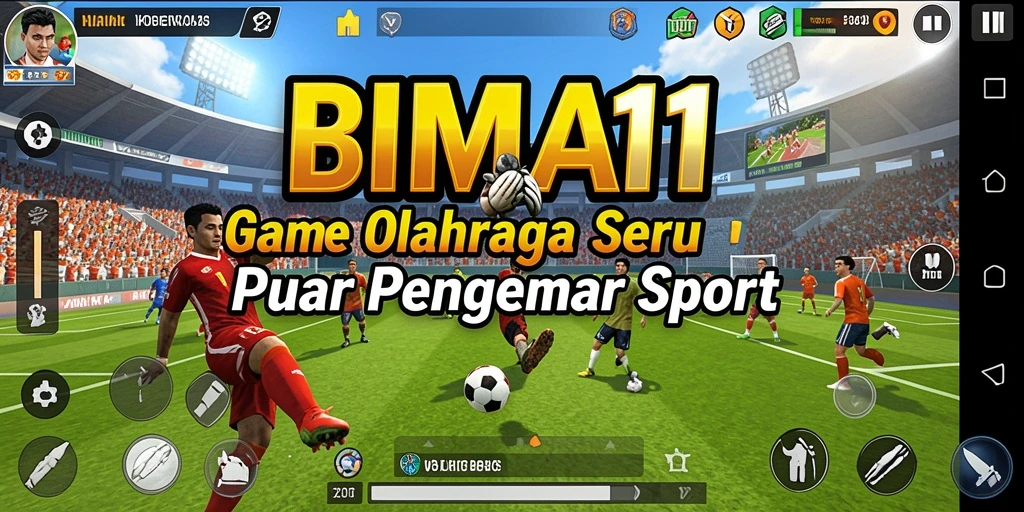Tangkapan layar gameplay BIMA11 yang menunjukkan aksi olahraga yang seru.