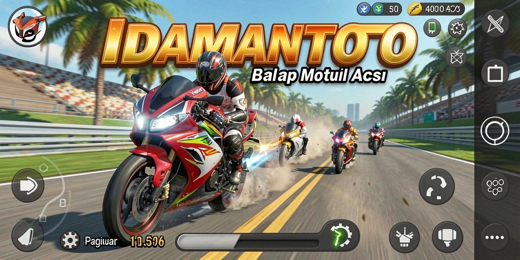 Screenshot permainan IDAMANTOTO yang menampilkan balapan motor yang intens.