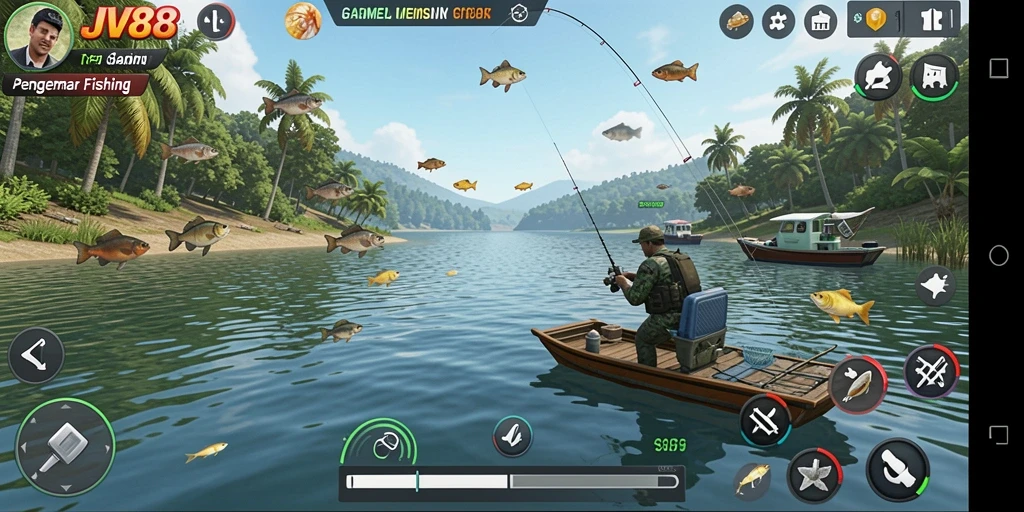 Screenshot gameplay JV88 menampilkan suasana memancing yang mengasyikkan.