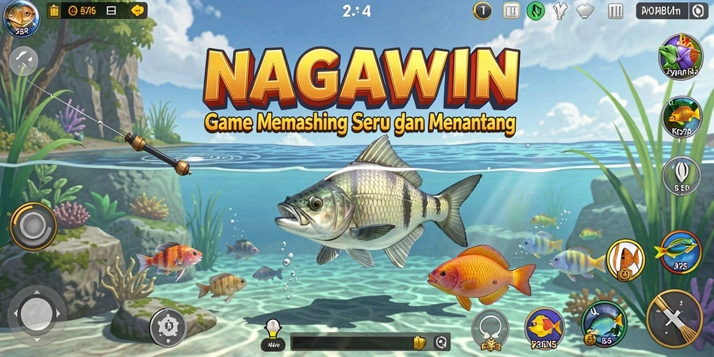 Tampilan gameplay NAGAWIN dengan aksi memancing yang seru.