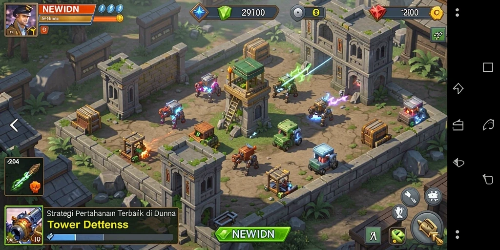 Tangkapan layar gameplay NEWIDN yang mendebarkan dalam genre Tower Defense.