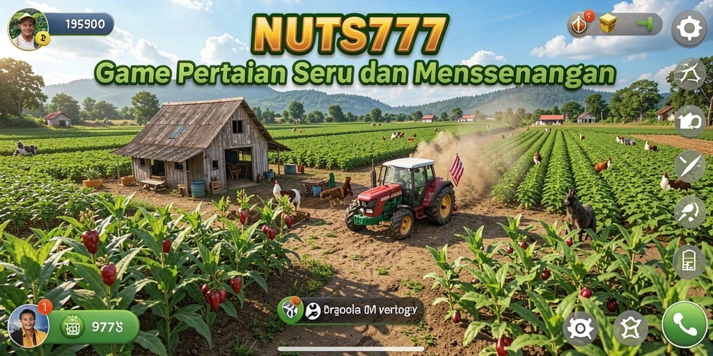 Screenshot gameplay NUTS777 menampilkan lahan pertanian yang subur dan tanaman yang berwarna-warni.