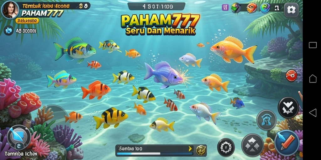 Screenshot gameplay PAHAM777 yang menampilkan aksi menangkap ikan.