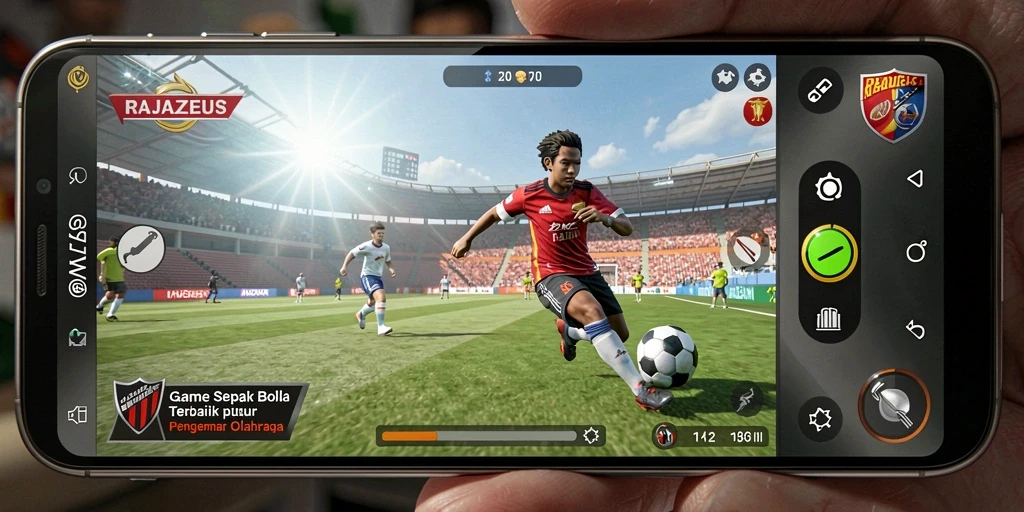 Tampilan gameplay RAJAZEUS dengan aksi sepak bola seru.
