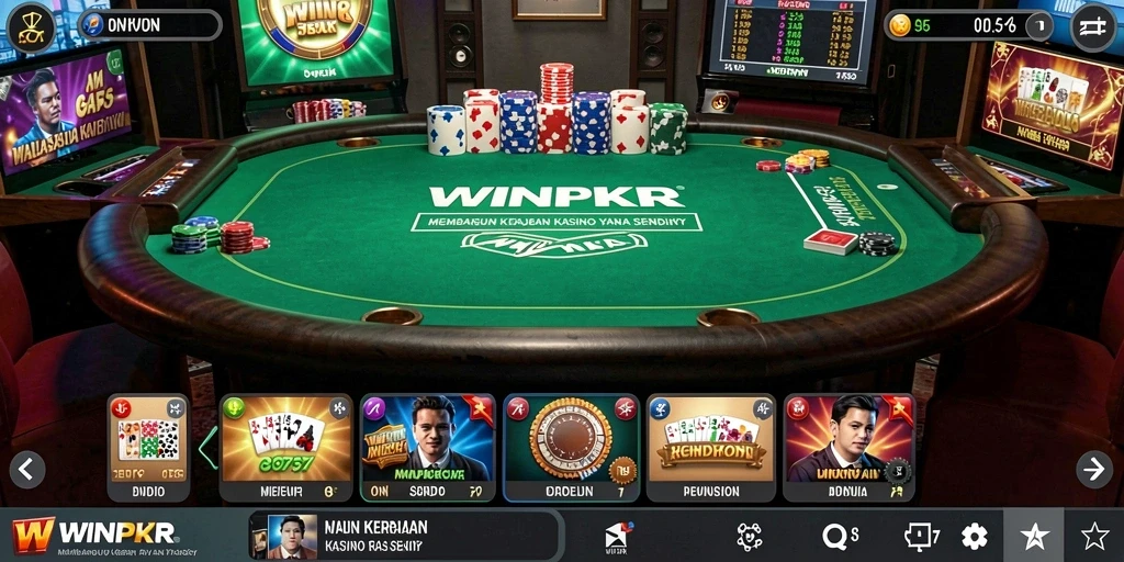 Screenshot gameplay WINPKR menampilkan desain kasino yang menawan dan beragam permainan.